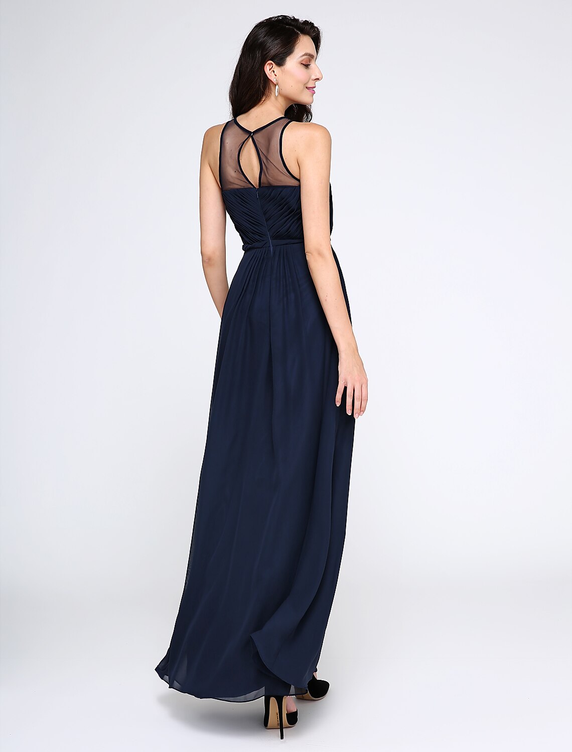 Sheath / Column Elegant Dress Holiday Cocktail Party Ankle Length Sleeveless Illusion Neck Chiffon with Side Draping