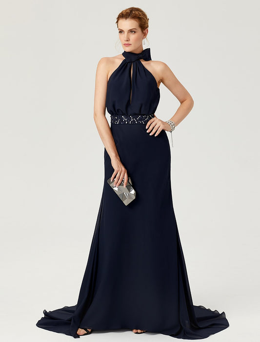 Sheath / Column Elegant Holiday Cocktail Party Formal Evening Dress High Neck Sleeveless Court Train Chiffon with Sash / Ribbon Bow(s) Pleats