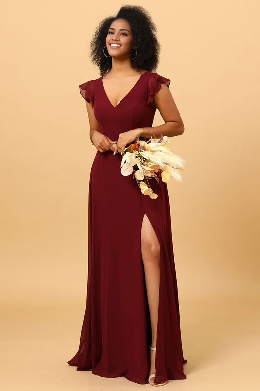 Chiffon Burgundy Long Dress Bridesmaid Dress with Slit