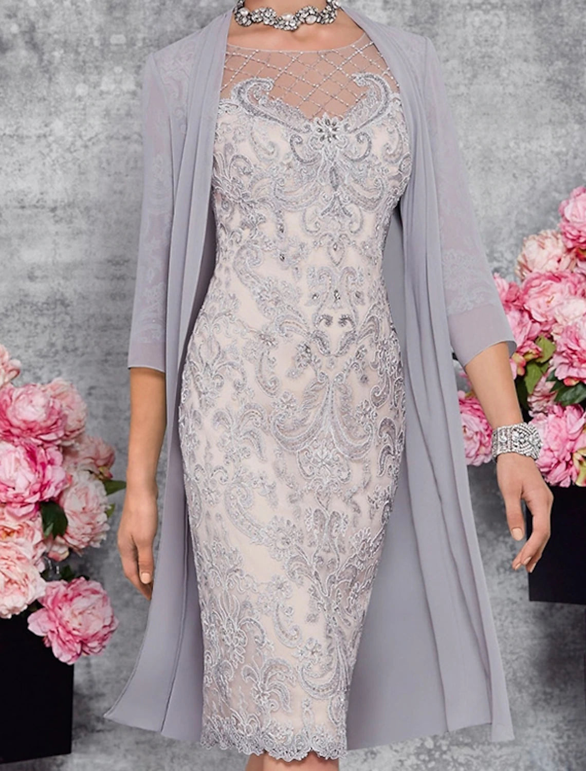 Two Piece Sheath / Column Mother of the Bride Dress Fall Wedding Guest Dresses Church Elegant Illusion Neck Knee Length Lace 3/4 Length Sleeve Jacket Dresses with Embroidery