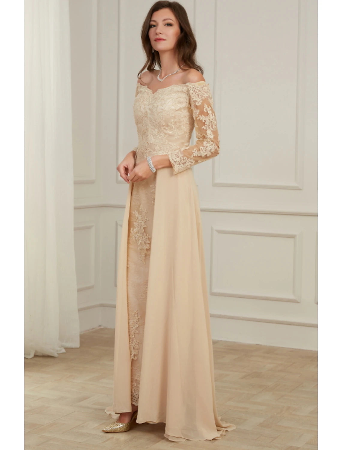 A-Line Evening Gown Elegant Dress Wedding Guest Formal Evening Floor Length Long Sleeve Off Shoulder Polyester with Overskirt Appliques