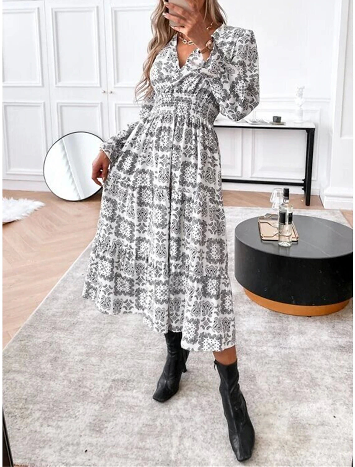 Women's Party Dress Cocktail Dress Wedding Guest Dress Midi Dress Black White Blue Long Sleeve Floral Print Summer Spring Fall V Neck Elegant Wedding Guest Birthday Vacation