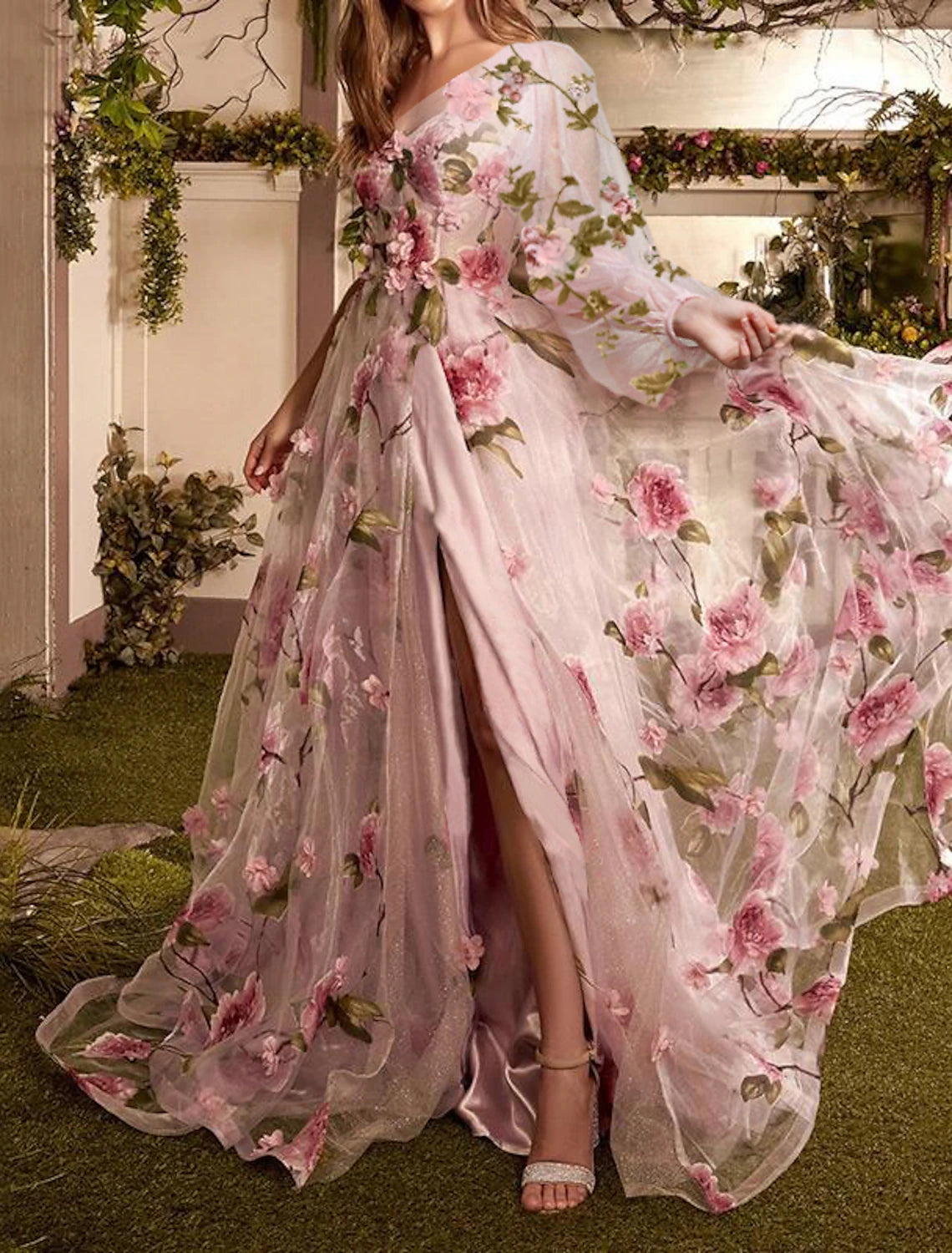 A-Line Prom Dresses Floral Dress Formal Wedding Guest Sweep / Brush Train Long Sleeve One Shoulder Lace with Floral Print