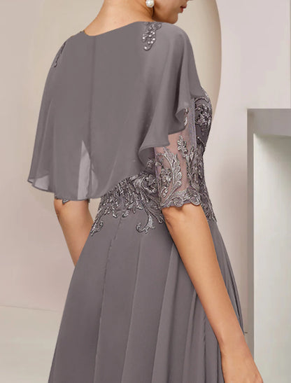 A-Line Mother of the Bride Dress Formal Fall Wedding Guest Elegant Scoop Neck Asymmetrical Tea Length Chiffon Lace Half Sleeve with Beading Appliques