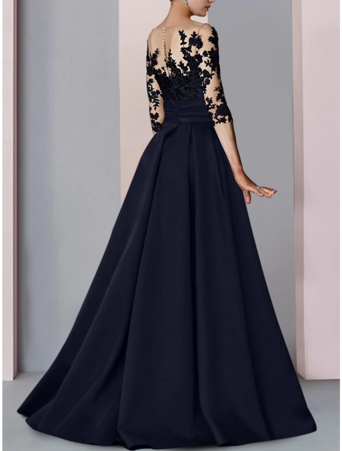 A-Line Evening Gown High Split Dress Formal Fall Sweep / Brush Train Half Sleeve Illusion Neck Satin with Slit Embroidery