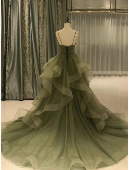 A-Line Prom Dresses Elegant Dress Formal Court Train Red Green Dress Sleeveless Spaghetti Strap Tulle with Pleats Ruffles