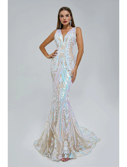 Mermaid / Trumpet Evening Gown Sparkle & Shine Dress Engagement Formal Evening Court Train Sleeveless V Neck Sequined with Sequin
