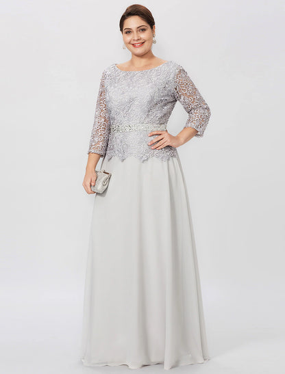 Sheath / Column Mother of the Bride Dress Formal Plus Size Elegant Jewel Neck Floor Length Chiffon Corded Lace 3/4 Length Sleeve No with Lace
