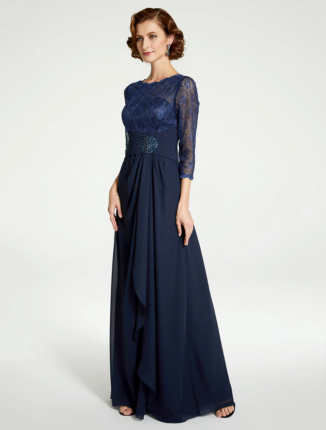 A-Line Mother of the Bride Dress Jewel Neck Floor Length Chiffon Lace 3/4 Length Sleeve with Lace Ruching