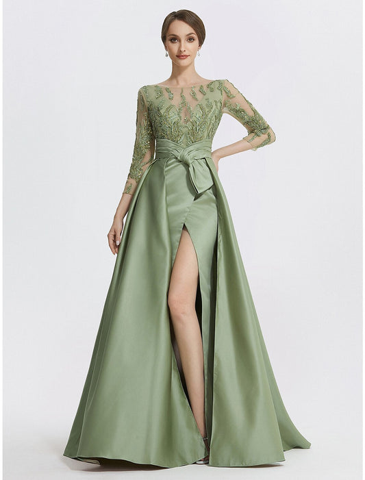 A-Line Evening Gown Elegant Dress Formal Floor Length 3/4 Length Sleeve Jewel Neck Satin with Slit Embroidery Appliques