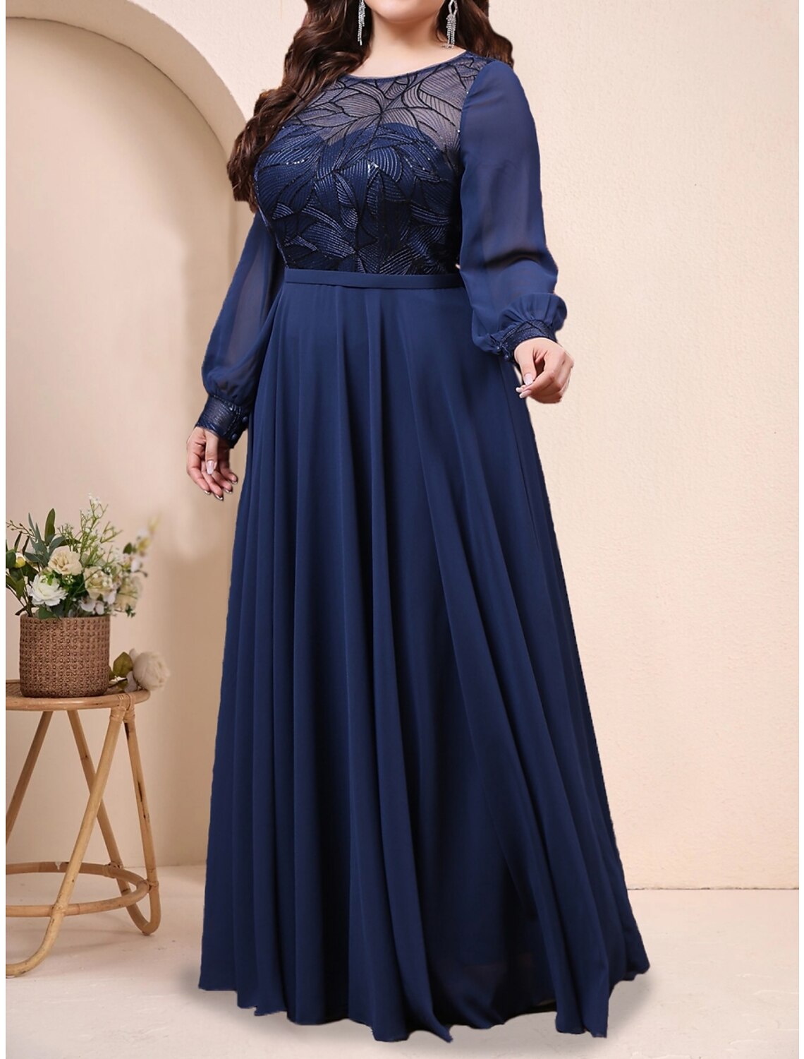 A-Line Plus Size Curve Mother of the Bride Dress Wedding Guest Plus Size Sparkle & Shine Jewel Neck Floor Length Chiffon Long Sleeve with Pleats Sequin