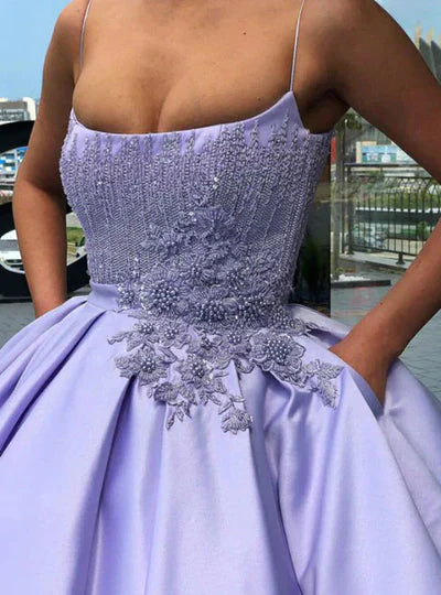 Quinceanera Dress Lavender Ball Gown Spaghetti Straps Satin Dress With Pocket