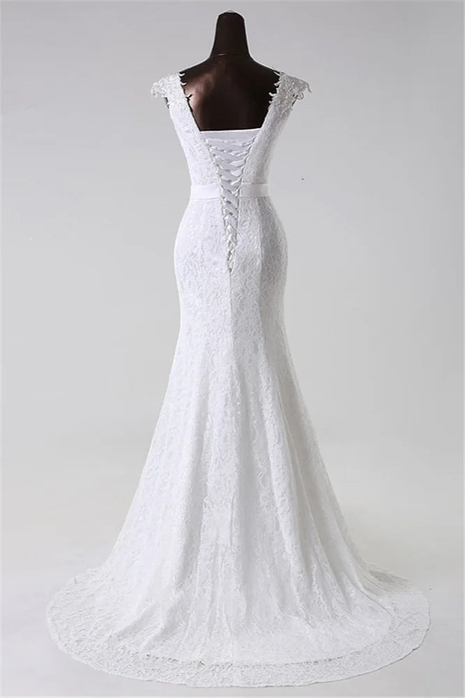 Elegant Jewel Long Lace Mermaid Wedding Gown With Appliques