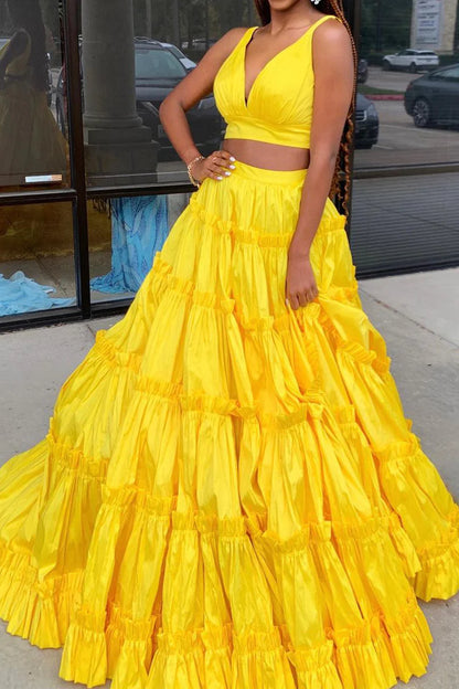 Yellow Two Piece Satin Long Prom Dress with Bow Tie