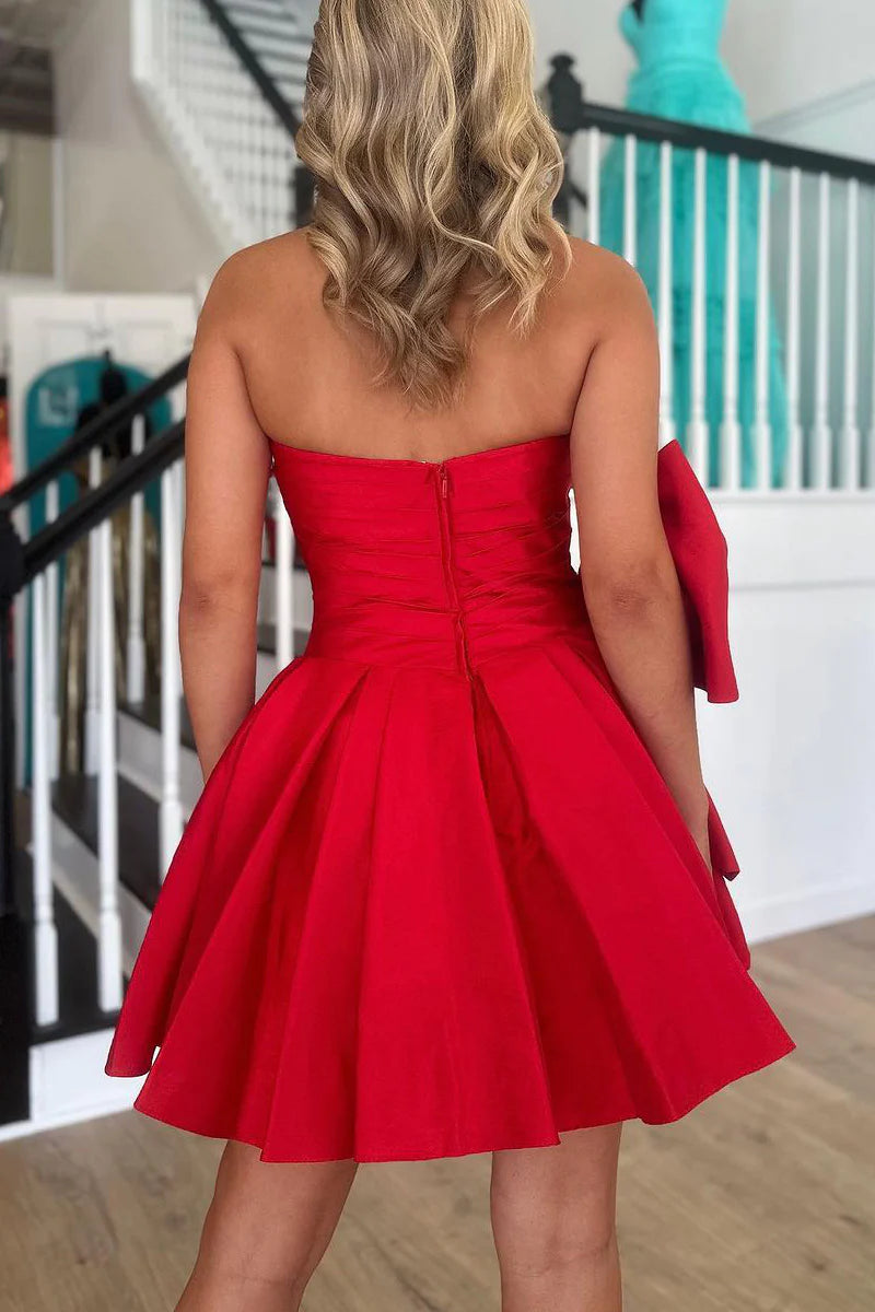 Cute A-Line Strapless Red Satin Short Homecoming Dresses with Bow