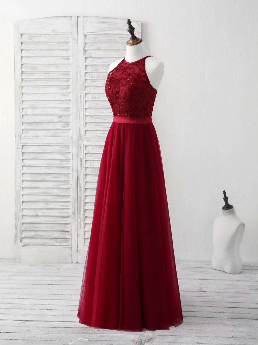 Burgundy Tulle Lace Long Prom Dress Halterneck Bridesmaid Dress