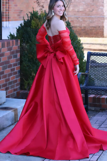 Mermaid Strapless Red Beaded Long Prom Dresses with Bow