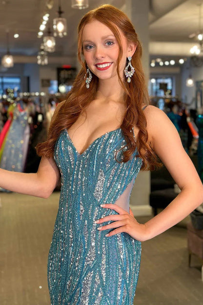 Mermaid V Neck Blue Sequins Long Prom Dresses with Slit