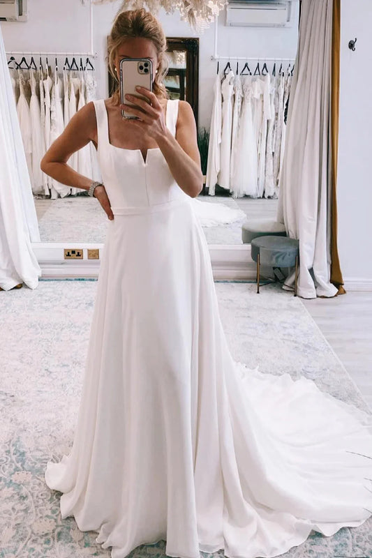 Elegant A-Line Sqaure Neck White Satin Wedding Dresses