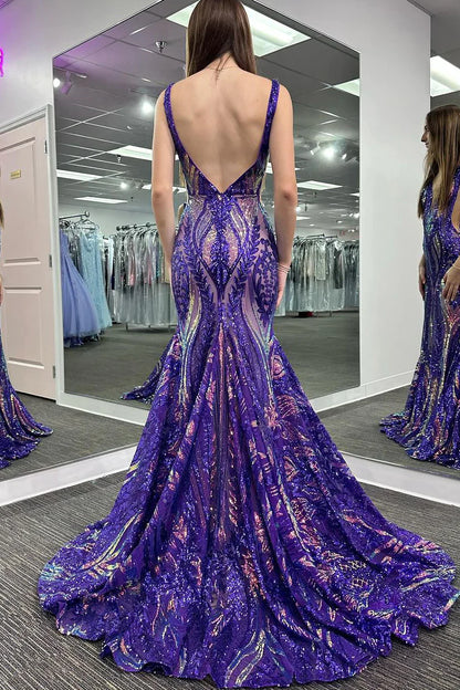 Grape V Neck Sequin Lace Mermaid Long Prom Dresses