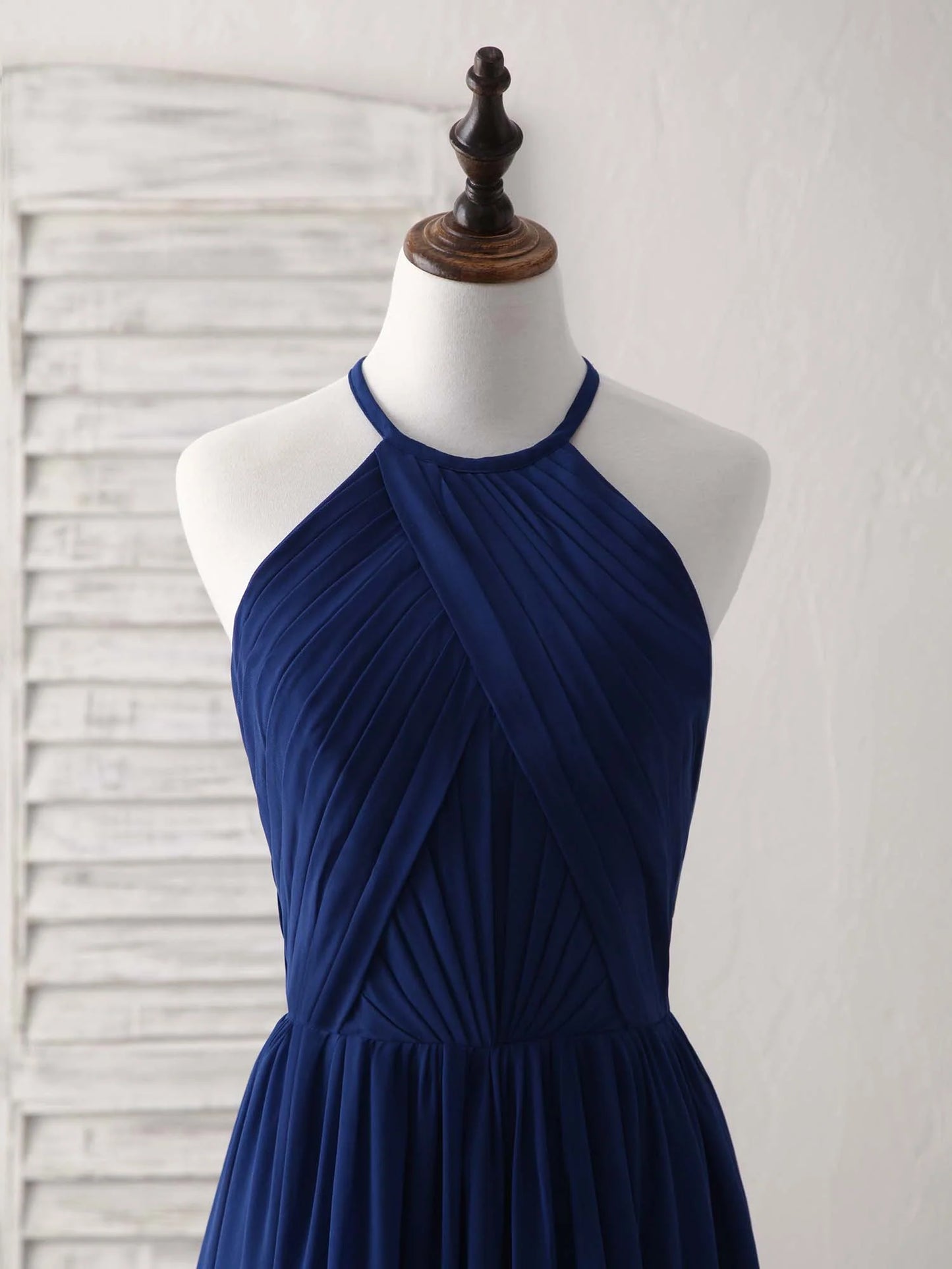 Simple Dark Blue Chiffon A-Line Long Prom Dress Halterneck Evening Dress