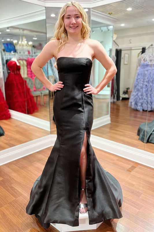 Black Strapless Satin Mermaid Prom Dress with Slit