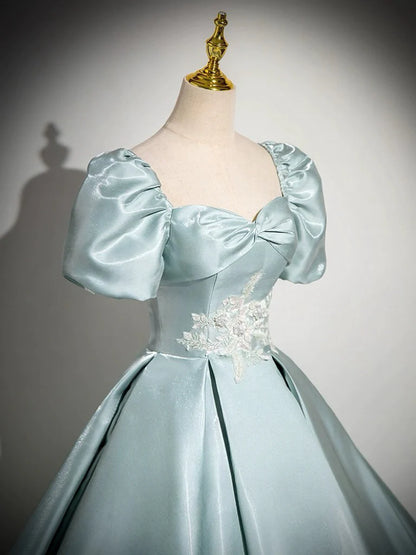 A-Line Sweetheart Neck Puff Sleeves Satin Quinceanera Dress Blue Long Prom Dress