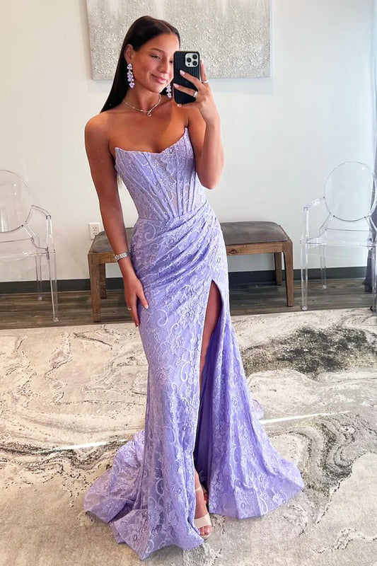 Lavender Lace Strapless Mermaid Long Prom Dresses with Slit