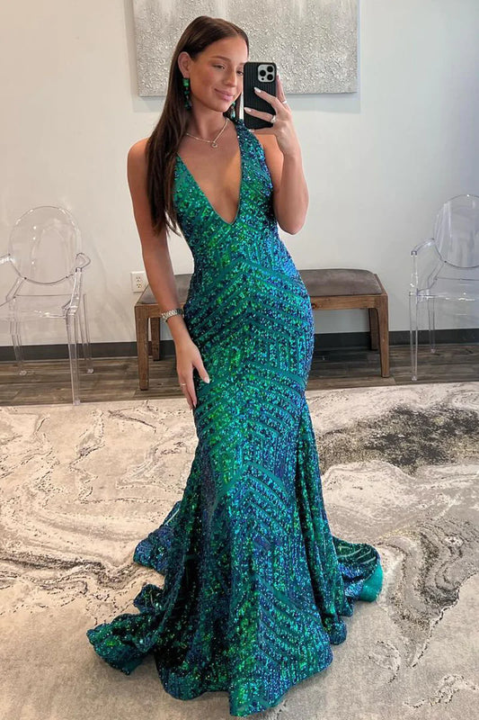 Dark Green Sequin Plunge V Mermaid Long Prom Dress