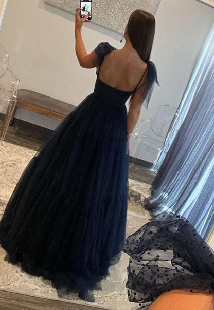 Blue Sweetheart Tie Straps Tulle A-Line Long Prom Dress