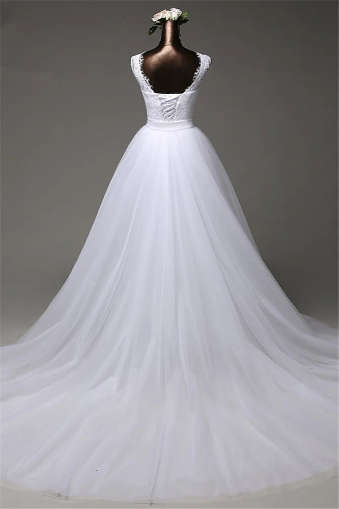 Jewel Sleeveless Lace Long Wedding Gown With Overskirt