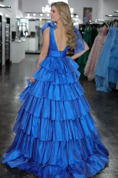 A-Line V Neck Blue Ruffle Tiered Long Prom Dresses