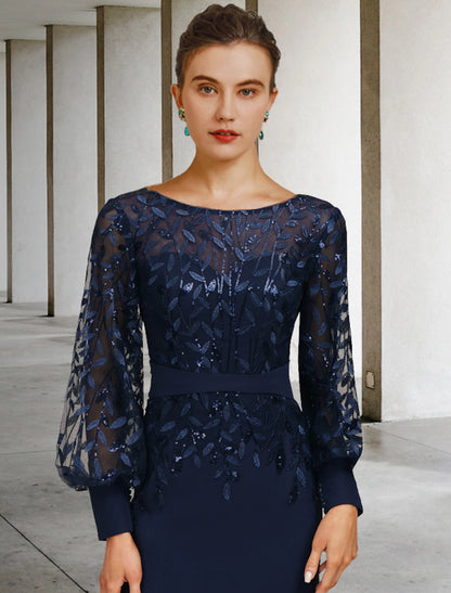 Mermaid / Trumpet Mother of the Bride Dress Wedding Guest Vintage Elegant Jewel Neck Sweep / Brush Train Chiffon Lace Long Sleeve with Sequin Ruffles Fall