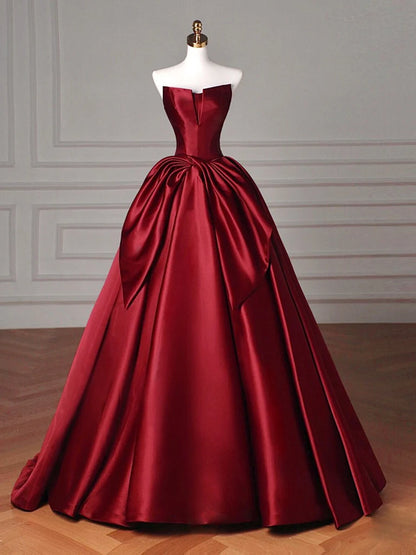 Simple Satin Burgundy Strapless Floor-length Prom Dress Ballgown