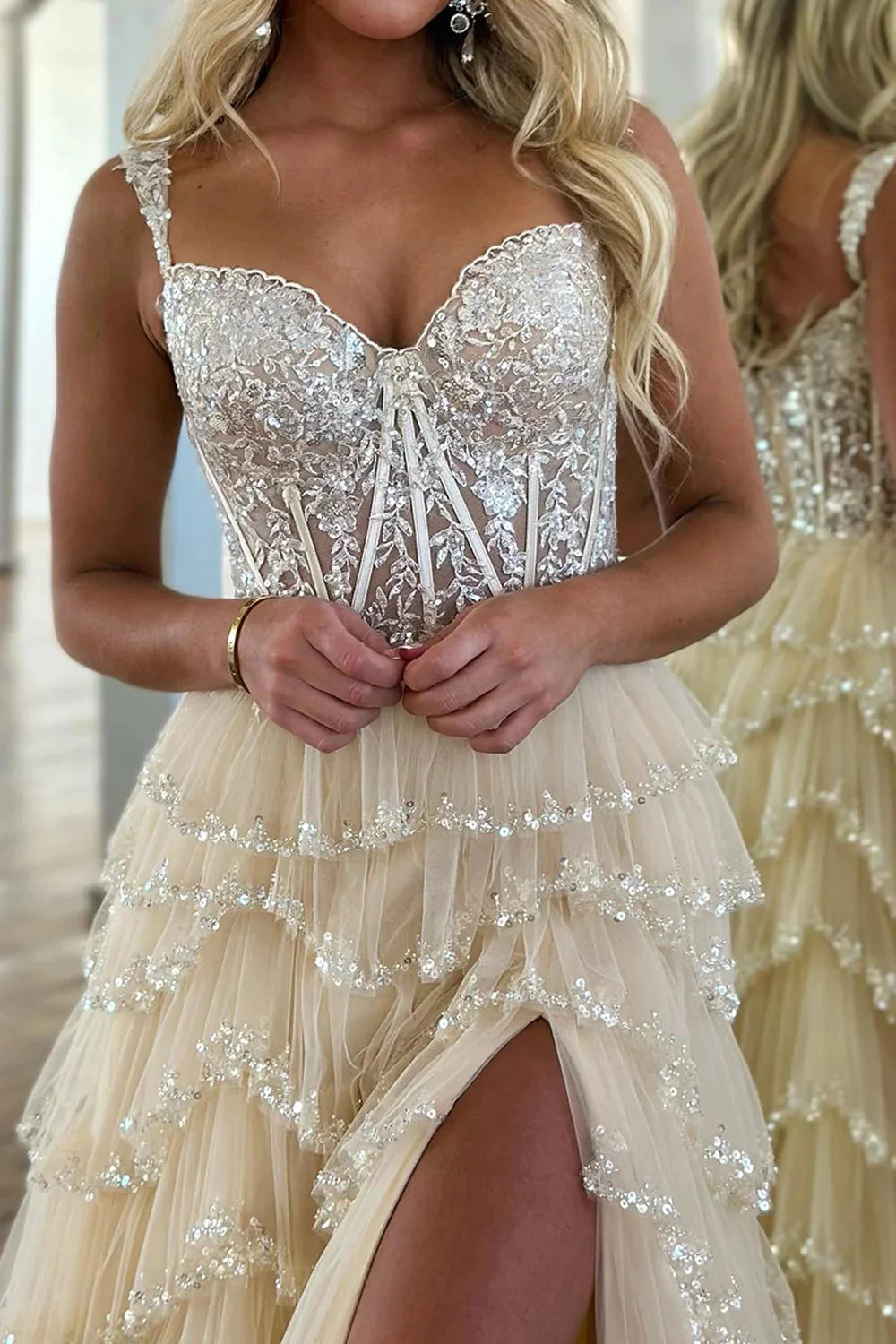 Glitter Beige Corset Tiered Long Tulle Prom Dress with Slit