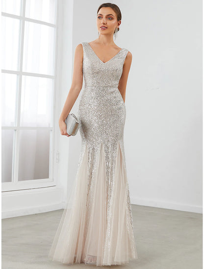 Mermaid / Trumpet Evening Gown Sparkle & Shine Dress Formal Evening Floor Length Sleeveless V Neck Sequined V Back with Sequin Pure Color