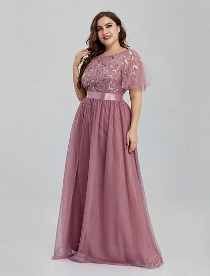 A-Line Prom Dresses Elegant Dress Party Wear Floor Length Short Sleeve Jewel Neck Tulle with Embroidery Splicing