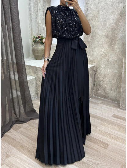 Black Dress Sequin Dress Prom Dress Sequins Pleated Crew Neck Sleeveless Vacation Black Spring Winter