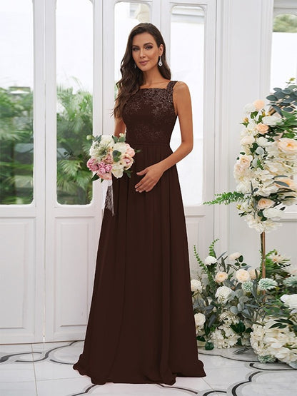 A-Line/Princess Chiffon Applique Square Sleeveless Floor-Length Bridesmaid Dresses