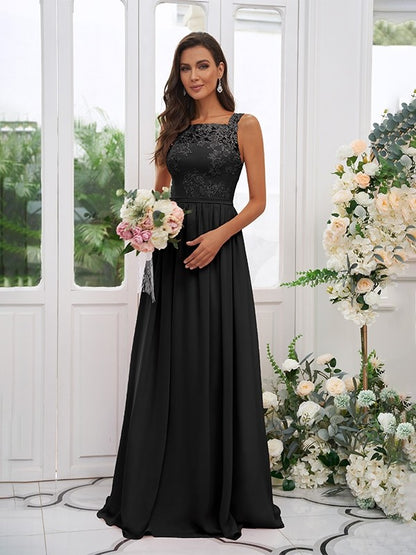 A-Line/Princess Chiffon Applique Square Sleeveless Floor-Length Bridesmaid Dresses