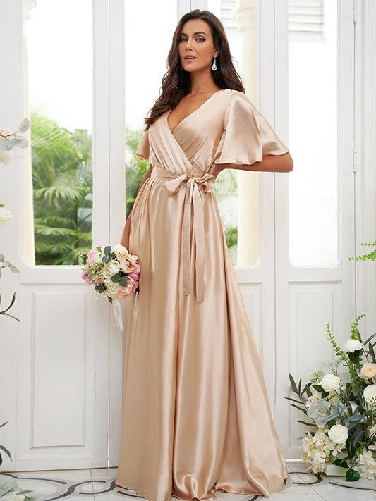 A-Line/Princess Silk like Satin Sash/Ribbon/Belt V-neck Short Sleeves Floor-Length Bridesmaid Dresses