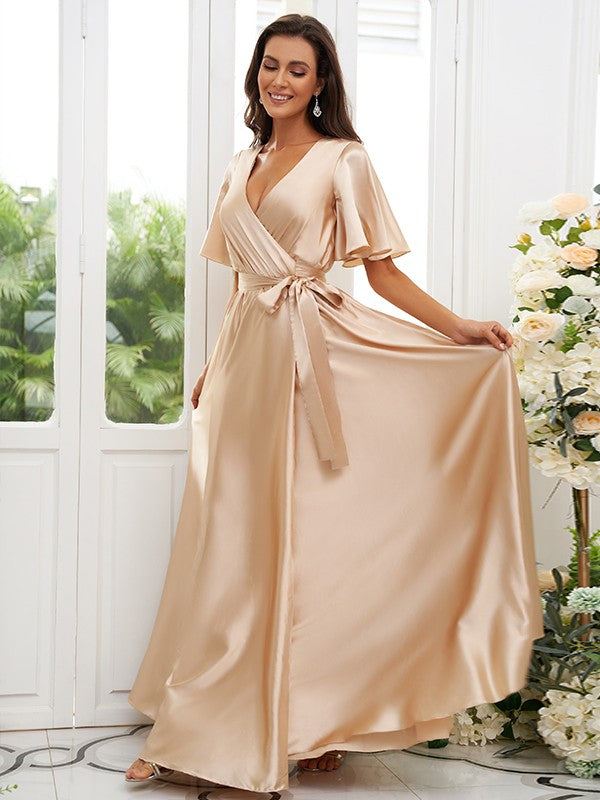 A-Line/Princess Silk like Satin Sash/Ribbon/Belt V-neck Short Sleeves Floor-Length Bridesmaid Dresses