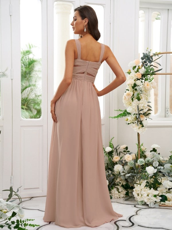 A-Line/Princess Chiffon Ruched Straps Sleeveless Floor-Length Bridesmaid Dresses