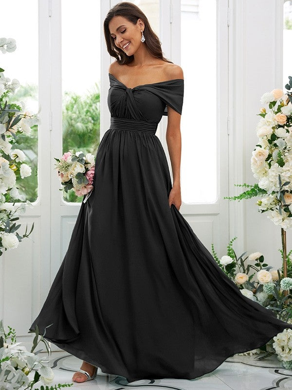 A-Line/Princess Chiffon Ruched Off-the-Shoulder Sleeveless Floor-Length Bridesmaid Dresses