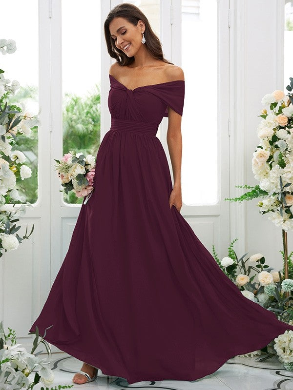 A-Line/Princess Chiffon Ruched Off-the-Shoulder Sleeveless Floor-Length Bridesmaid Dresses