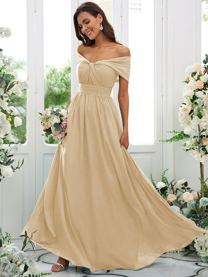 A-Line/Princess Chiffon Ruched Off-the-Shoulder Sleeveless Floor-Length Bridesmaid Dresses