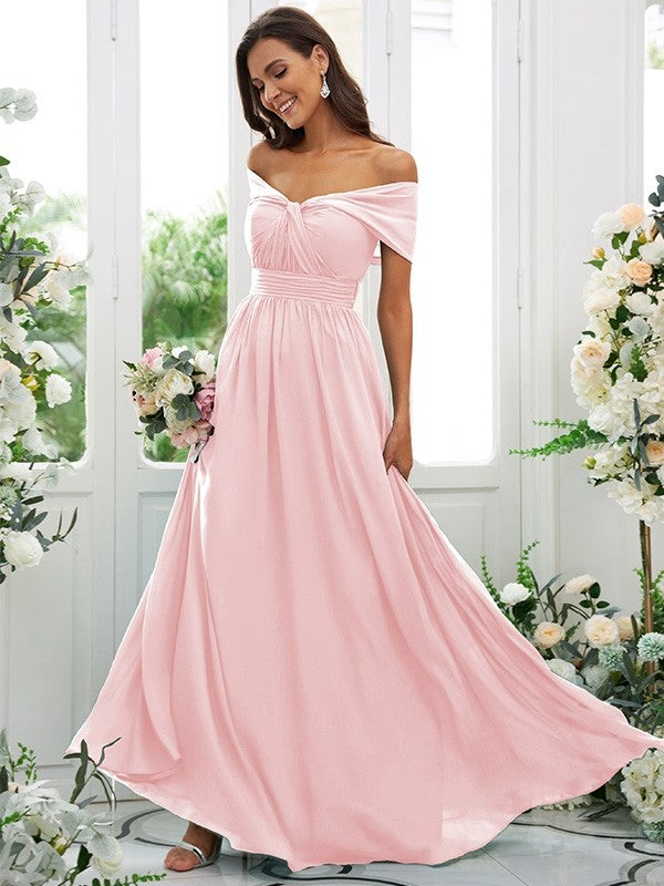 A-Line/Princess Chiffon Ruched Off-the-Shoulder Sleeveless Floor-Length Bridesmaid Dresses