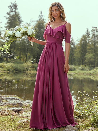 A-Line/Princess Chiffon Ruffles V-neck Sleeveless Floor-Length Bridesmaid Dresses