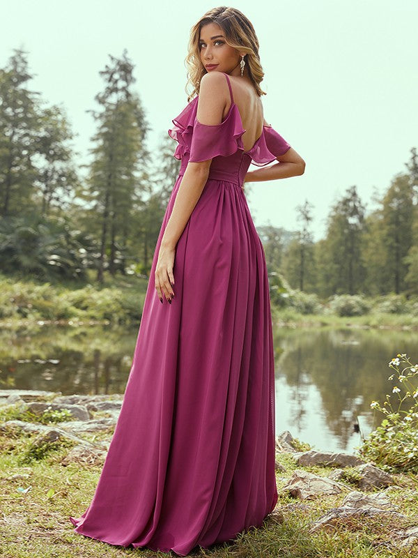 A-Line/Princess Chiffon Ruffles V-neck Sleeveless Floor-Length Bridesmaid Dresses