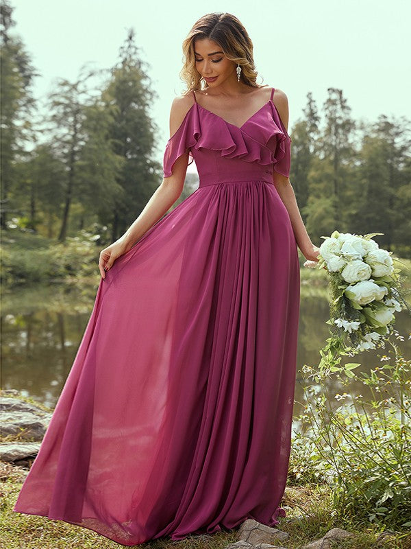 A-Line/Princess Chiffon Ruffles V-neck Sleeveless Floor-Length Bridesmaid Dresses